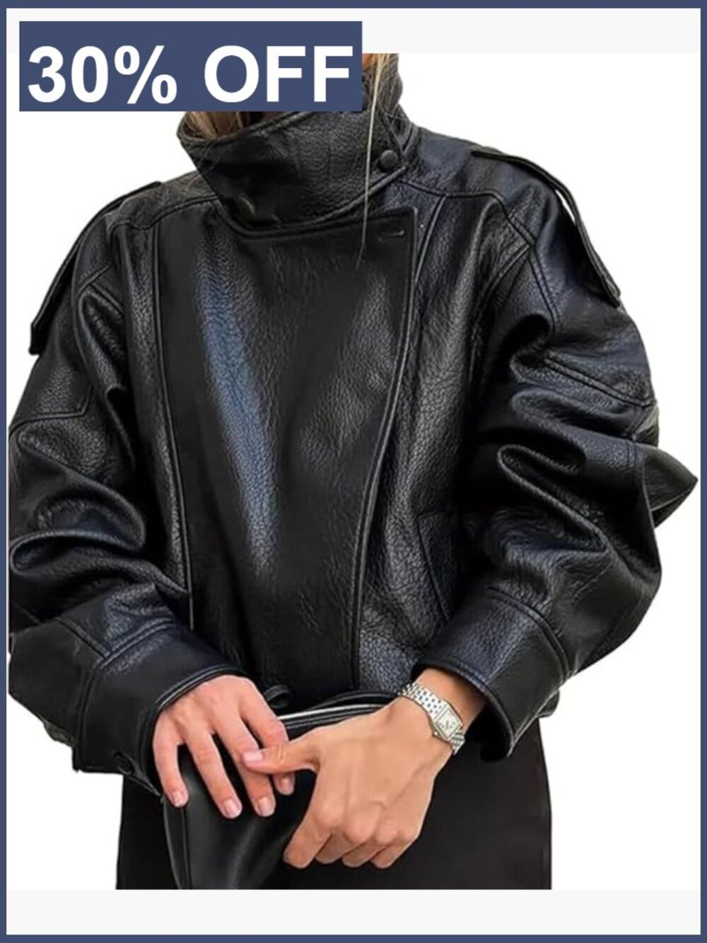 Faux Leather Crop Motorcycle Jacket Oversize Zip Up
